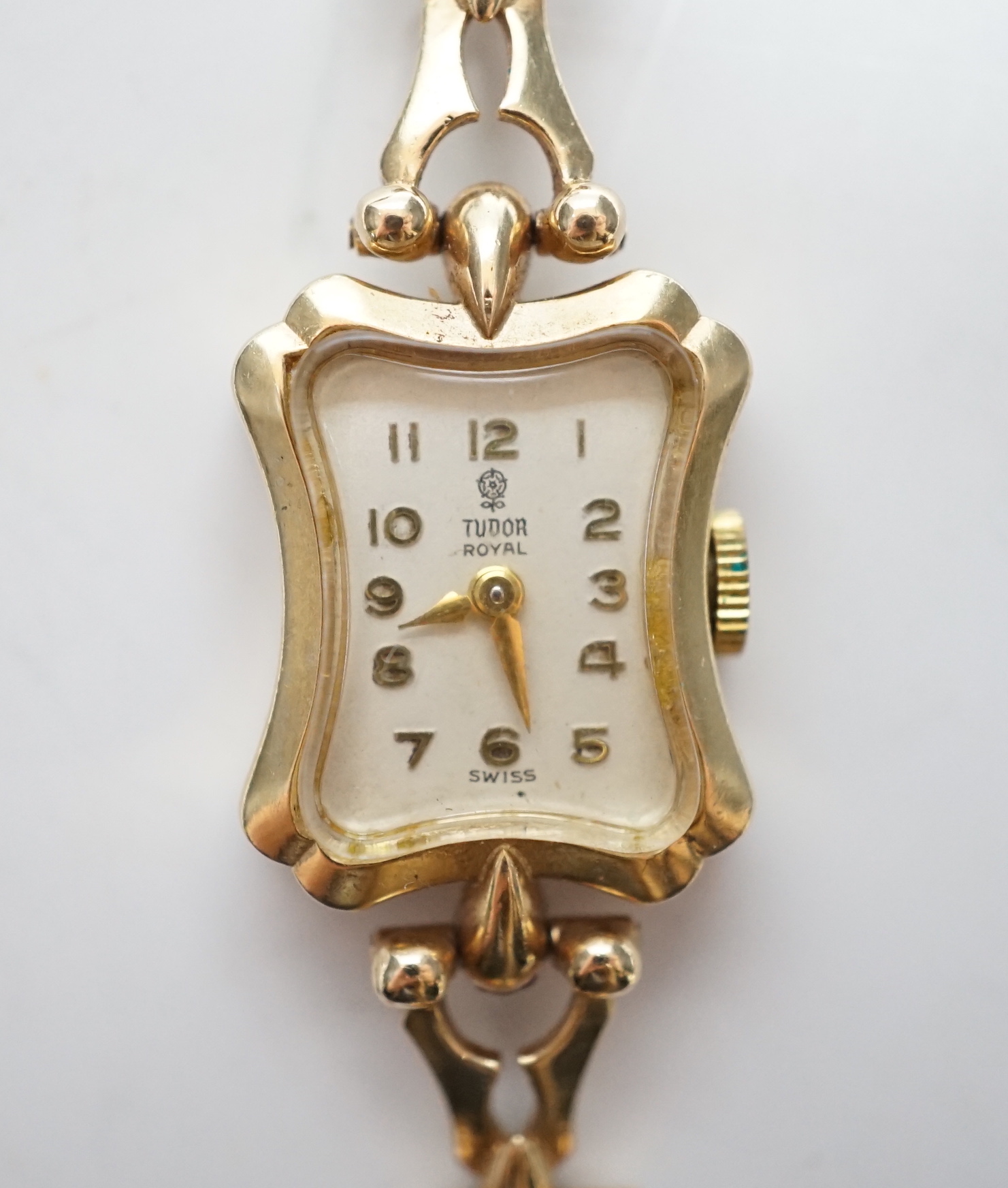 A lady's late 1960's 9ct gold Tudor Royal manual wind wrist watch, on an associated 9ct gold bracelet, overall 18cm, gross weight 18.6 grams.